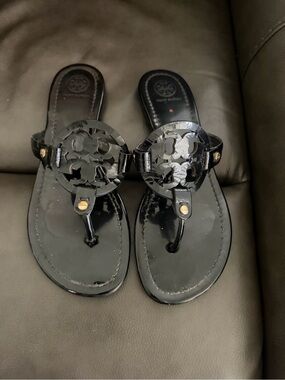 Tory Burch Black Patent Leather Logo Thong Sandals